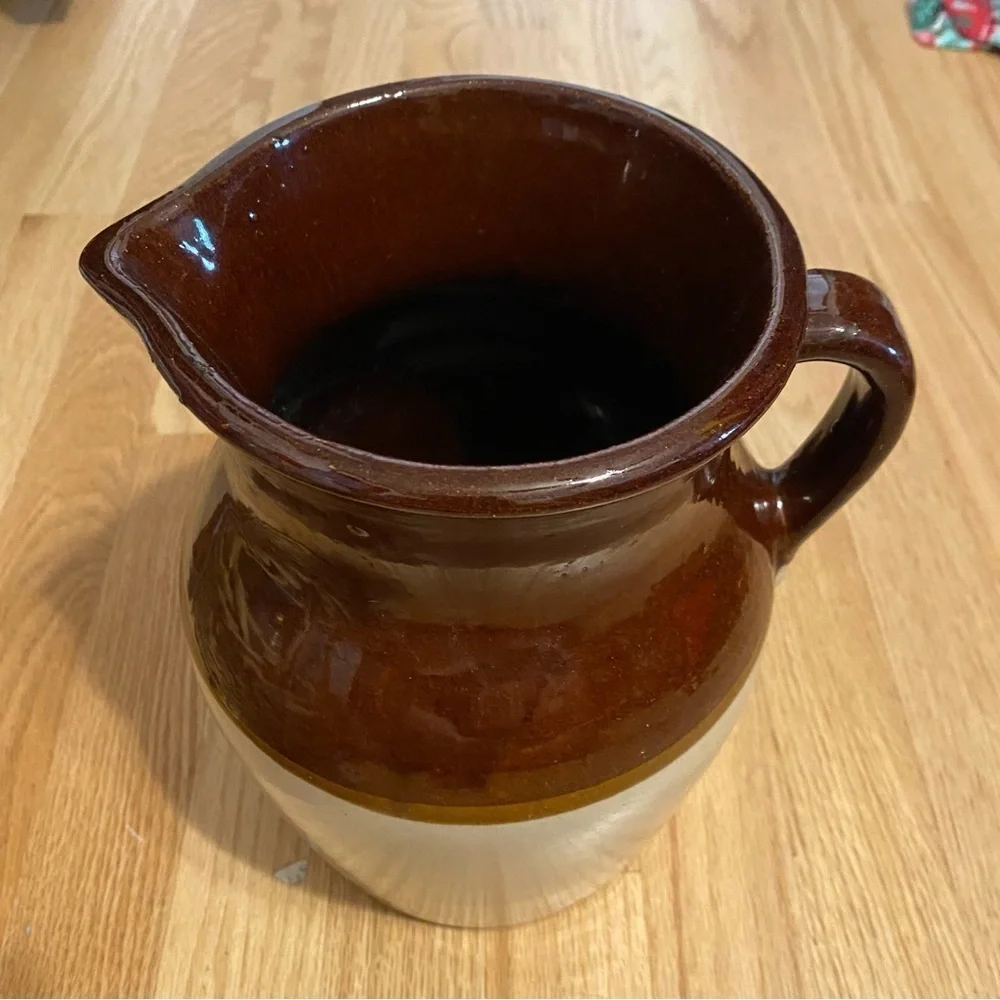 Vintage Stoneware Pottery Pitcher USA Brown Tan Crock Farmhouse Water Jug Milk